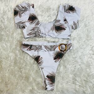 Shein Feather Bikini  Set Short Sleeve High Waist Bottom Sz Medium